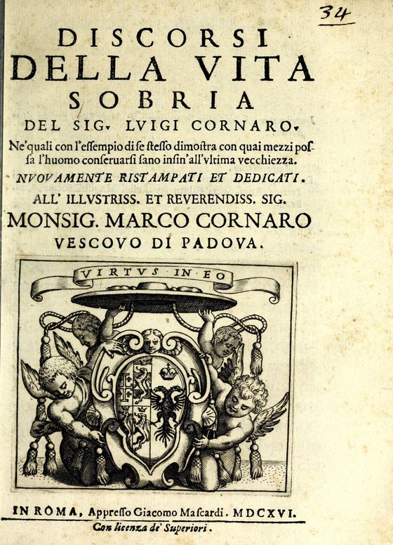 1616 年罗马印本的扉页，标题为 Discorsi della vita sobria del Sig. Luigi Cornaro，下方是印刷商的徽记。
